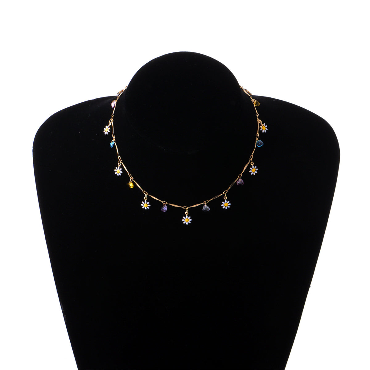 Multicolor Crystal and 18K Gold-Plated Flower Heart Station Collar Necklace, gold pendant necklace for women, detail close-up