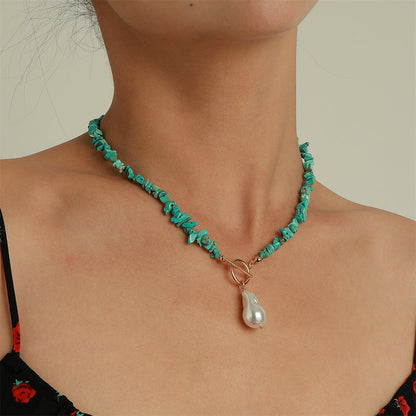 Pearl and Turquoise 18K Gold-Plated Drop Pendant Necklace, gold pendant necklace for women, botanical inspired, front view