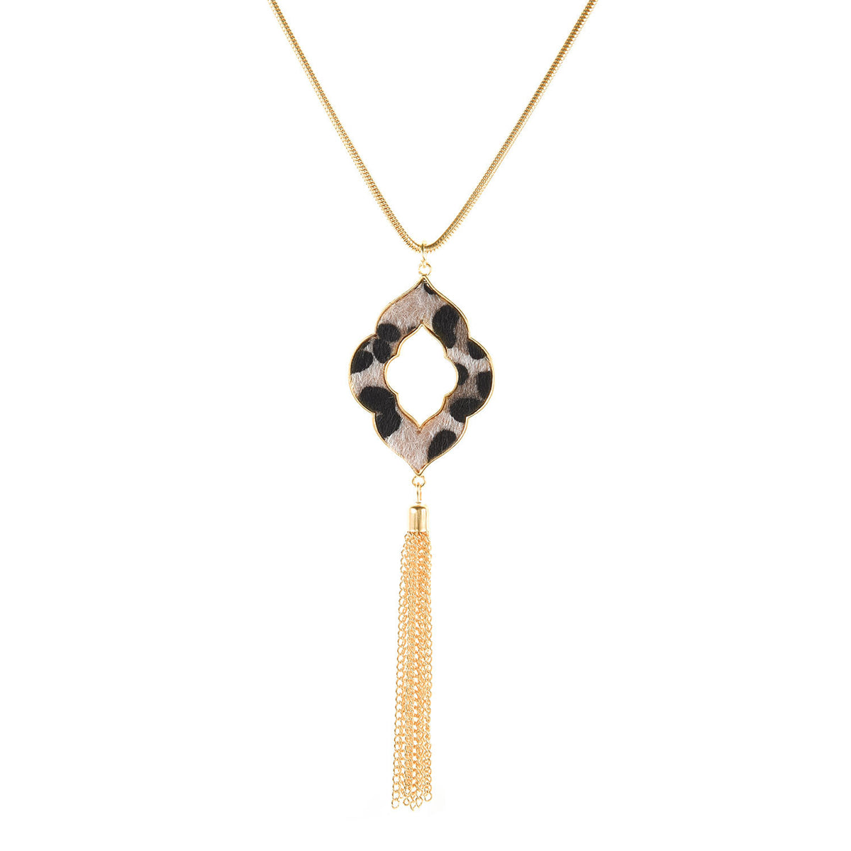 Beige Polyurethane & 18K Gold-Plated Leopard Lattice Tassel Pendant Necklace