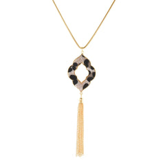 Beige Polyurethane & 18K Gold-Plated Leopard Lattice Tassel Pendant Necklace