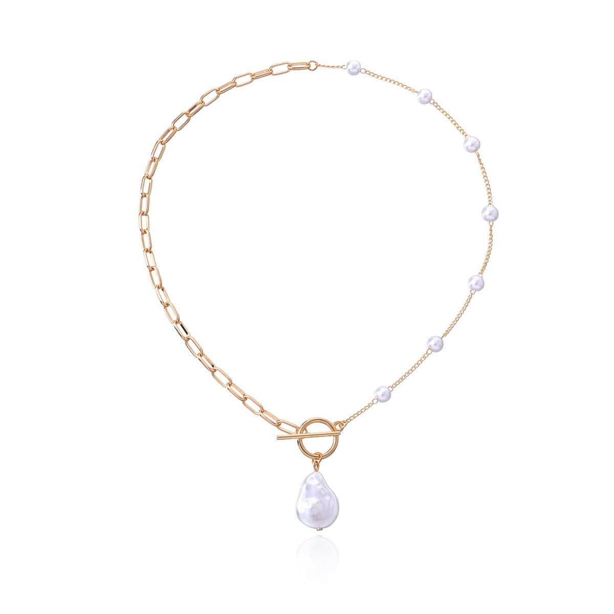 Pearl and 18K Gold-Plated Asymmetric Pendant Necklace, gold pendant necklace for women, elegant gift for her, detail close-up