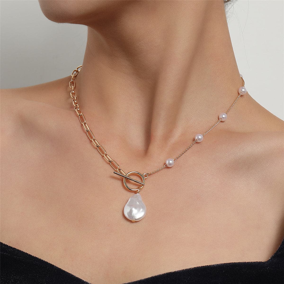 Pearl and 18K Gold-Plated Asymmetric Pendant Necklace, gold pendant necklace for women, elegant gift for her, front view
