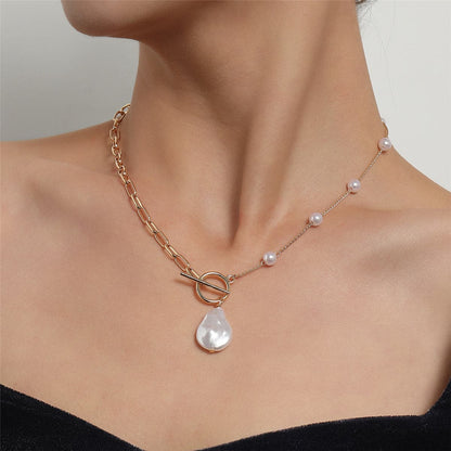 Pearl and 18K Gold-Plated Asymmetric Pendant Necklace, gold pendant necklace for women, elegant gift for her, front view