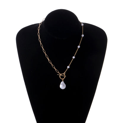 Pearl and 18K Gold-Plated Asymmetric Pendant Necklace, gold pendant necklace for women, elegant gift for her, lifestyle look