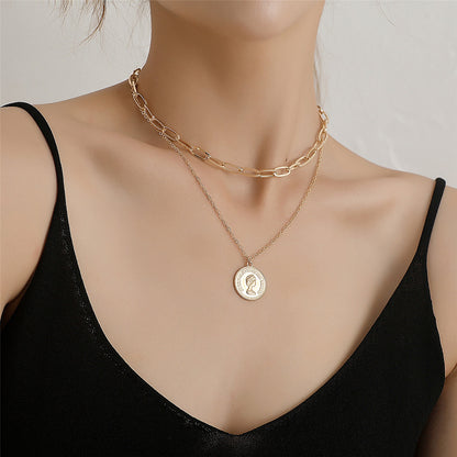 18K Gold-Plated 'Queen Elizabeth' Coin Layered Pendant Necklace, gold pendant necklace for women, everyday style, front view