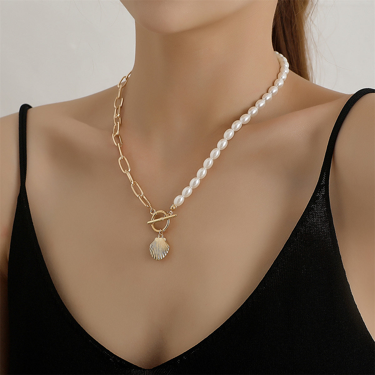 Pearl and 18K Gold-Plated Shell Pendant Necklace, gold pendant necklace for women, everyday style, front view