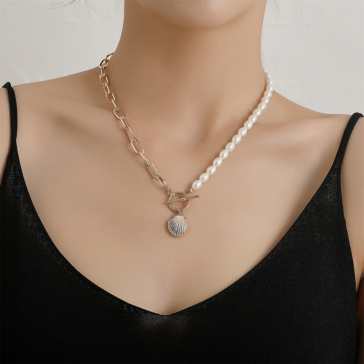 Pearl and 18K Gold-Plated Shell Pendant Necklace, gold pendant necklace for women, everyday style, side view