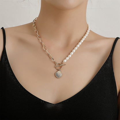 Pearl and 18K Gold-Plated Shell Pendant Necklace, gold pendant necklace for women, everyday style, side view