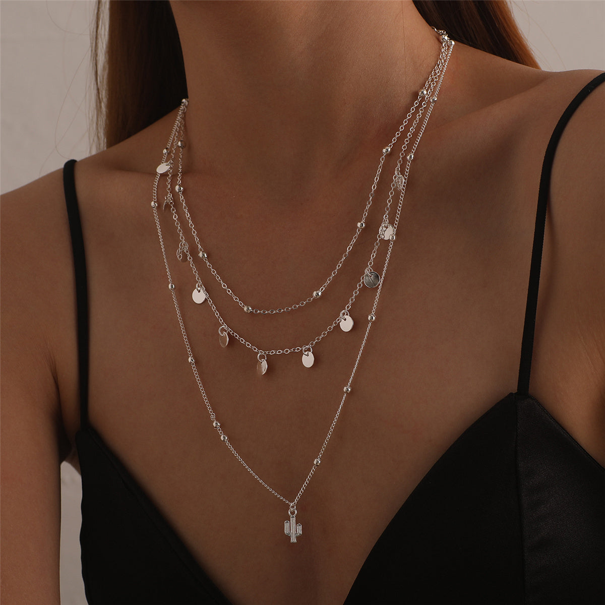 Silver-Plated Sequins Cactus Pendant Layered Necklace, silver pendant necklace for women, front view