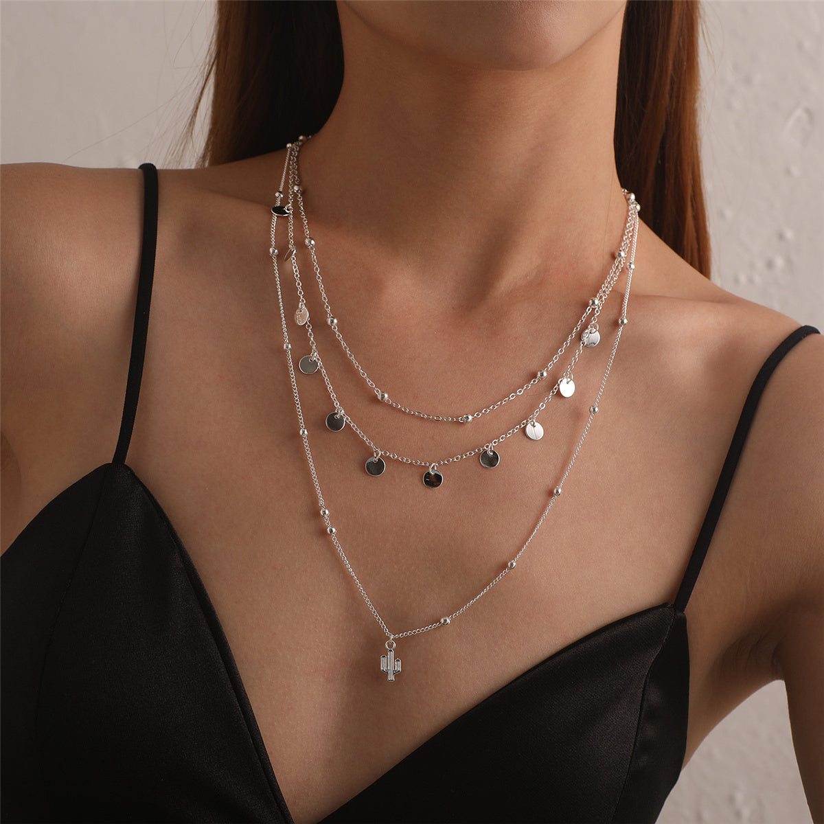 Silver-Plated Sequins Cactus Pendant Layered Necklace, silver pendant necklace for women, dainty minimalist design, side view