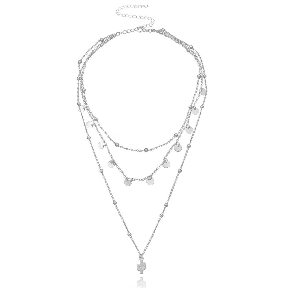 Silver-Plated Sequins Cactus Pendant Layered Necklace, silver pendant necklace for women, detail close-up