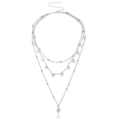 Silver-Plated Sequins Cactus Pendant Layered Necklace, silver pendant necklace for women, detail close-up