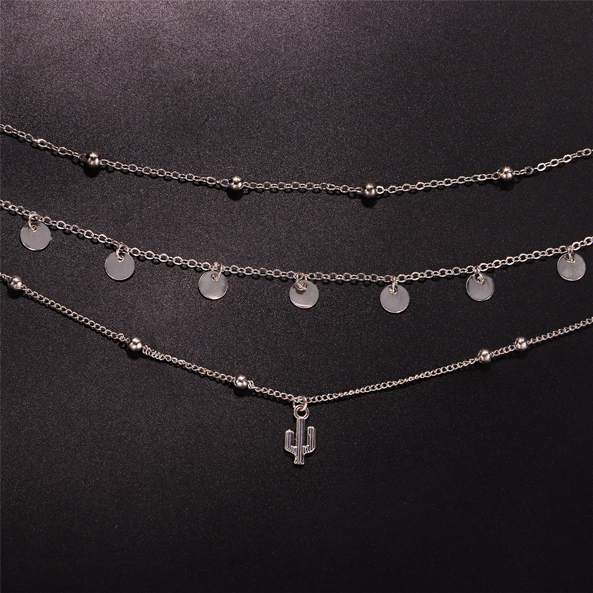 Silver-Plated Sequins Cactus Pendant Layered Necklace, silver pendant necklace for women, lifestyle look