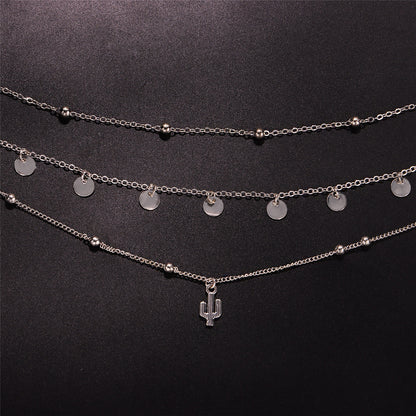 Silver-Plated Sequins Cactus Pendant Layered Necklace, silver pendant necklace for women, lifestyle look