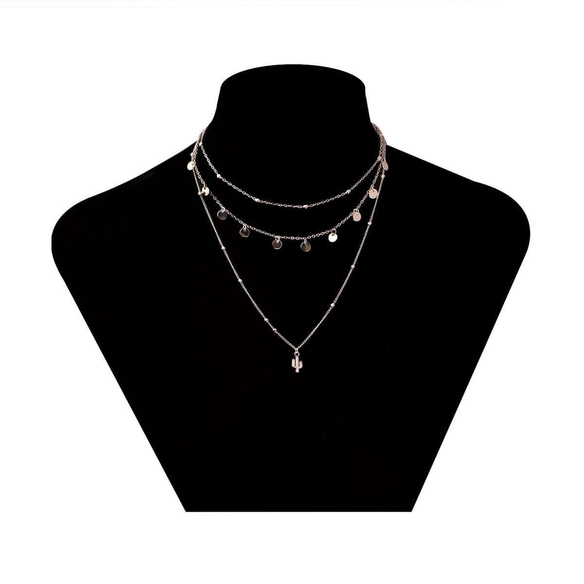 Silver-Plated Sequins Cactus Pendant Layered Necklace, silver pendant necklace for women, styled look