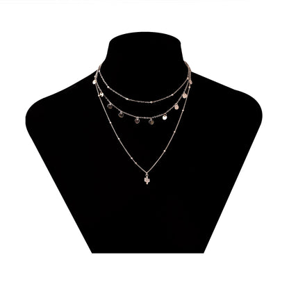 Silver-Plated Sequins Cactus Pendant Layered Necklace, silver pendant necklace for women, styled look