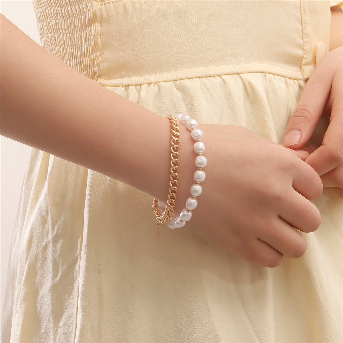 Pearl & 18K Gold-Plated Cuban Chain Layered Bracelet