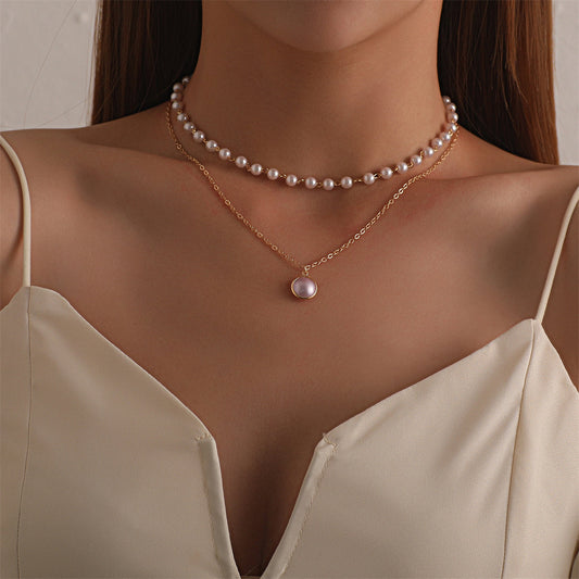 Pearl and 18K Gold-Plated Round Layered Pendant Necklace, gold pendant necklace for women, front view