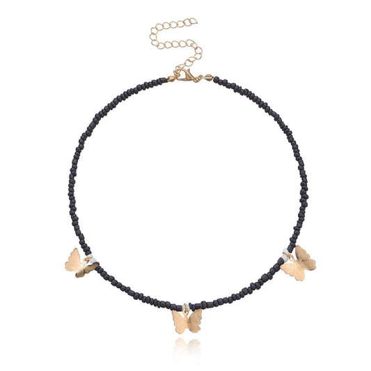 Black Howlite and 18K Gold-Plated Butterfly Station Choker Necklace, gold pendant necklace for women, front view