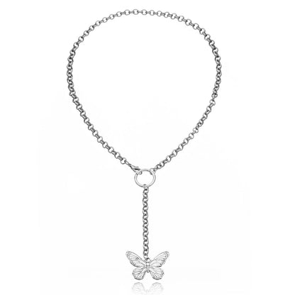 Silver-Plated Butterfly Pendant Drop Necklace, silver pendant necklace for women, botanical inspired, side view