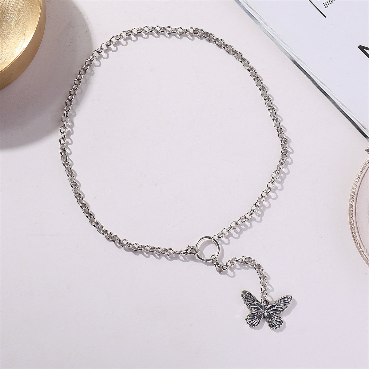 Silver-Plated Butterfly Pendant Drop Necklace, silver pendant necklace for women, botanical inspired, detail close-up