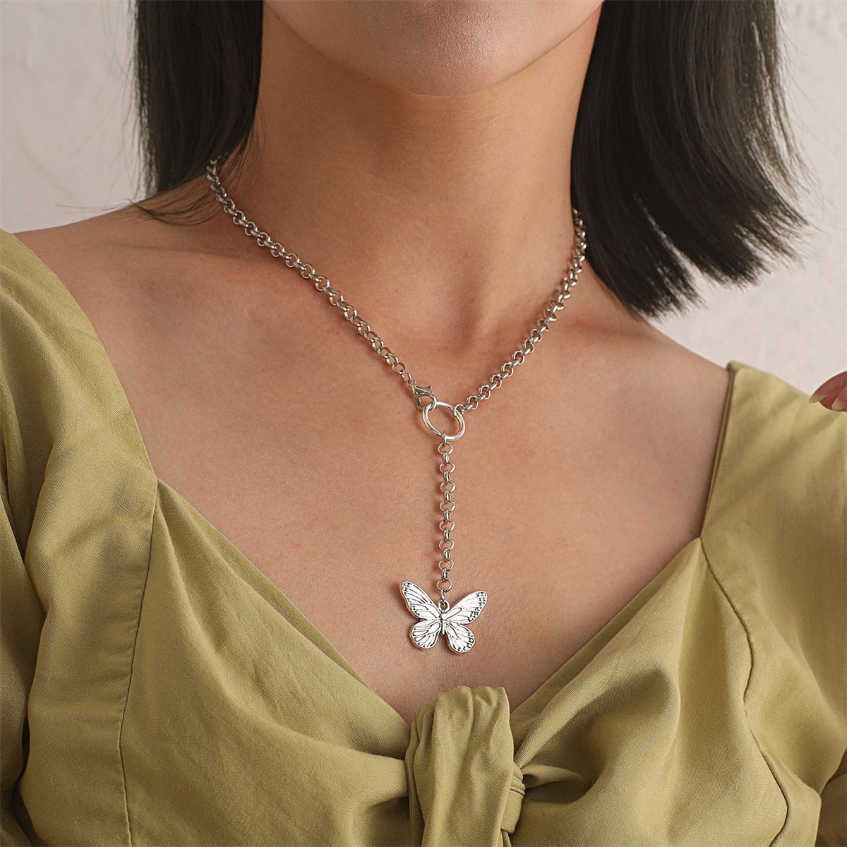 Silver-Plated Butterfly Pendant Drop Necklace, silver pendant necklace for women, botanical inspired, front view