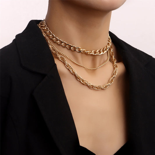18K Gold-Plated Curb and Twine Chain Layered Necklace Set, jewelry gift sets for women, elegant gift for her, front view