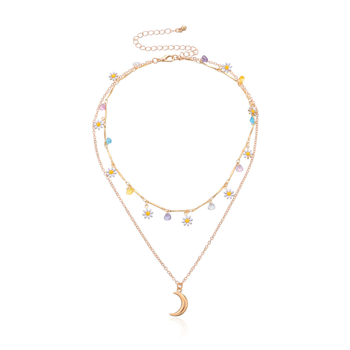 White Enamel and 18K Gold-Plated Daisy and Moon Layered Pendant Necklace, gold pendant necklace for women, detail close-up