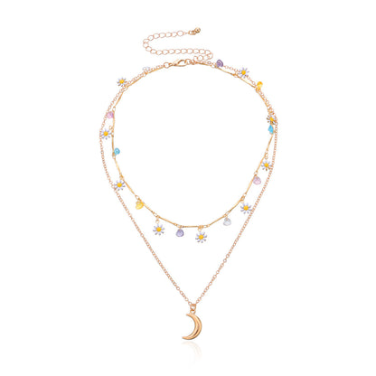 White Enamel and 18K Gold-Plated Daisy and Moon Layered Pendant Necklace, gold pendant necklace for women, detail close-up