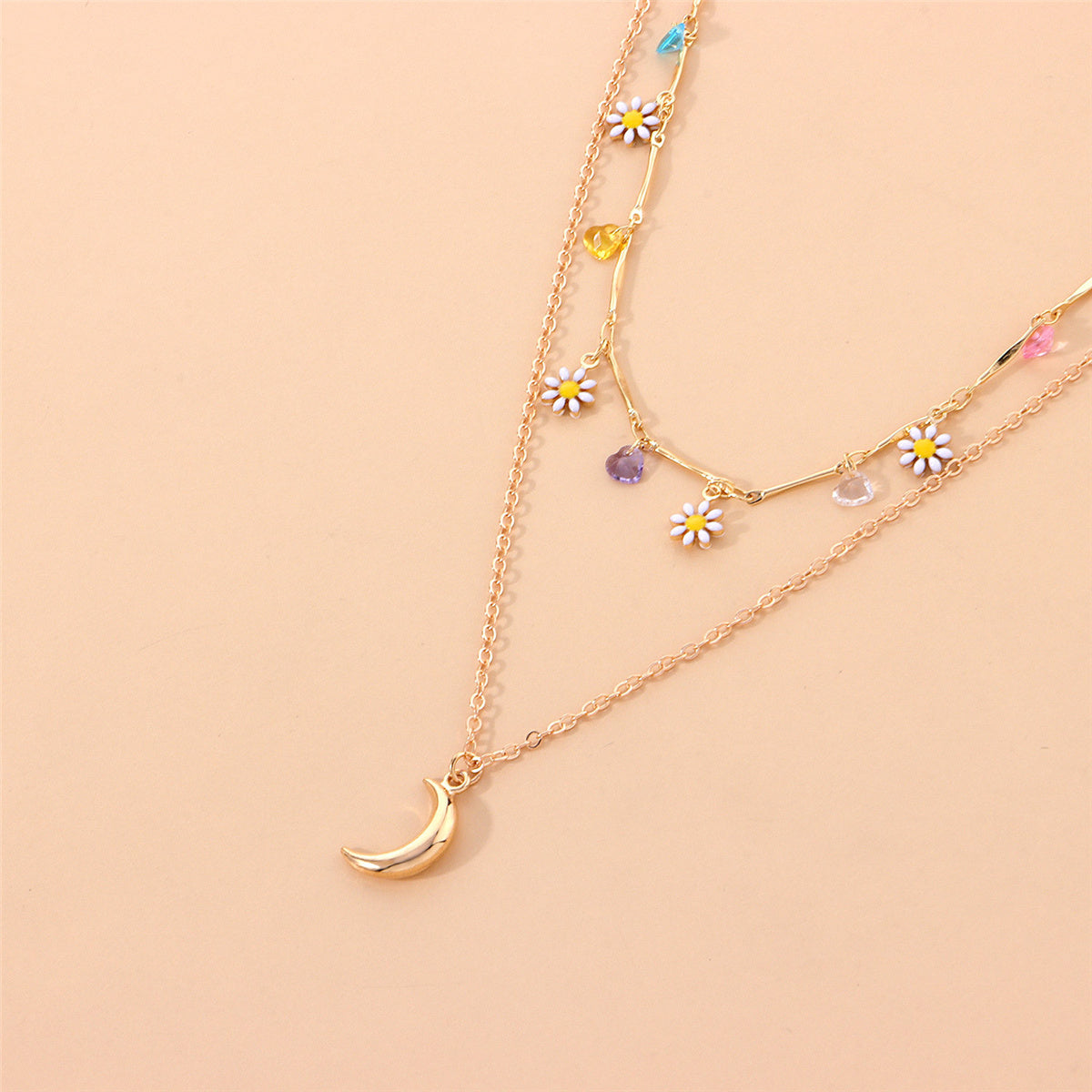 White Enamel and 18K Gold-Plated Daisy and Moon Layered Pendant Necklace, gold pendant necklace for women, lifestyle look