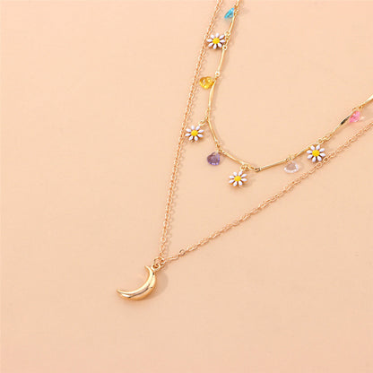 White Enamel and 18K Gold-Plated Daisy and Moon Layered Pendant Necklace, gold pendant necklace for women, lifestyle look