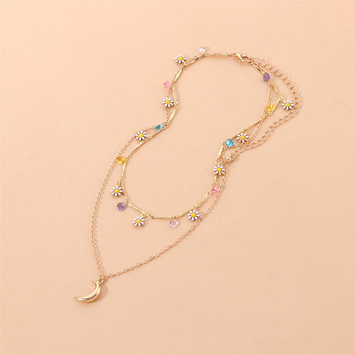 White Enamel and 18K Gold-Plated Daisy and Moon Layered Pendant Necklace, gold pendant necklace for women, styled look