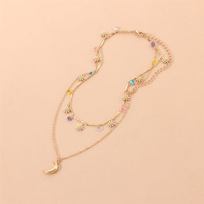 White Enamel and 18K Gold-Plated Daisy and Moon Layered Pendant Necklace, gold pendant necklace for women, styled look