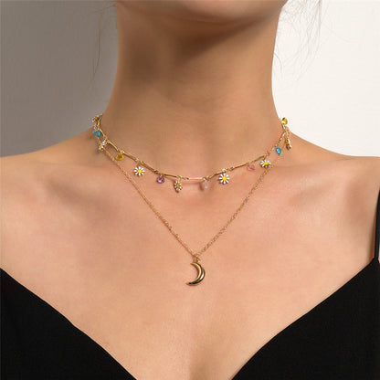 White Enamel and 18K Gold-Plated Daisy and Moon Layered Pendant Necklace, gold pendant necklace for women, front view