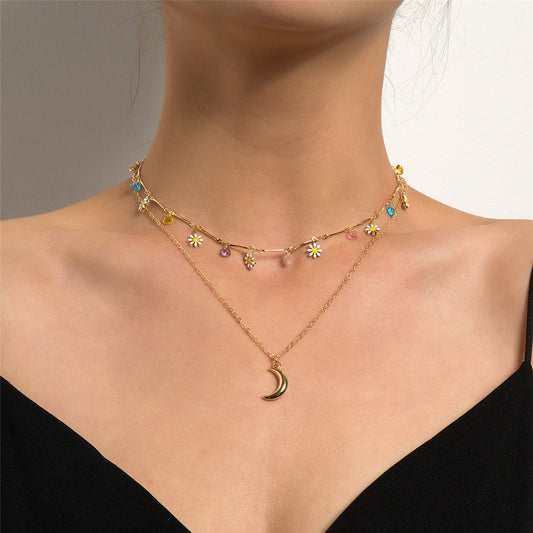 White Enamel and 18K Gold-Plated Daisy and Moon Layered Pendant Necklace, gold pendant necklace for women, front view