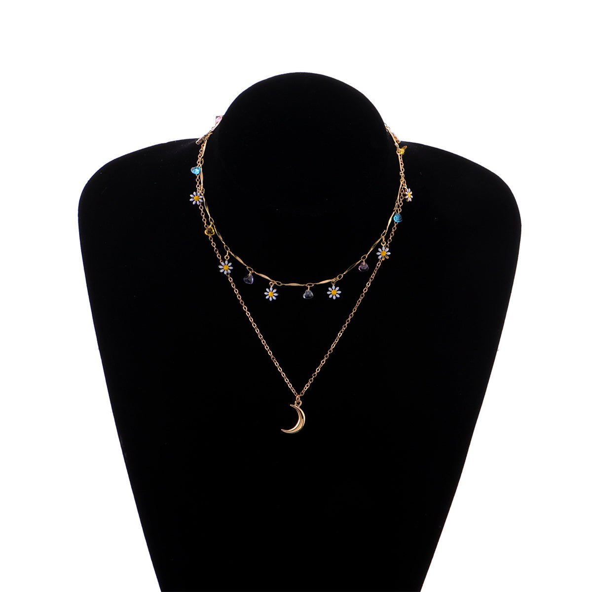 White Enamel and 18K Gold-Plated Daisy and Moon Layered Pendant Necklace, gold pendant necklace for women, side view