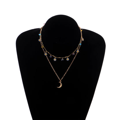 White Enamel and 18K Gold-Plated Daisy and Moon Layered Pendant Necklace, gold pendant necklace for women, side view