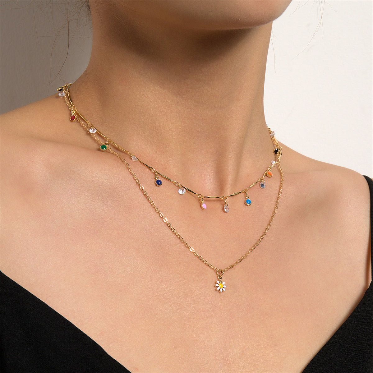 Cubic Zirconia and Enamel 18K Gold-Plated Mum Layered Pendant Necklace, gold pendant necklace for women, front view