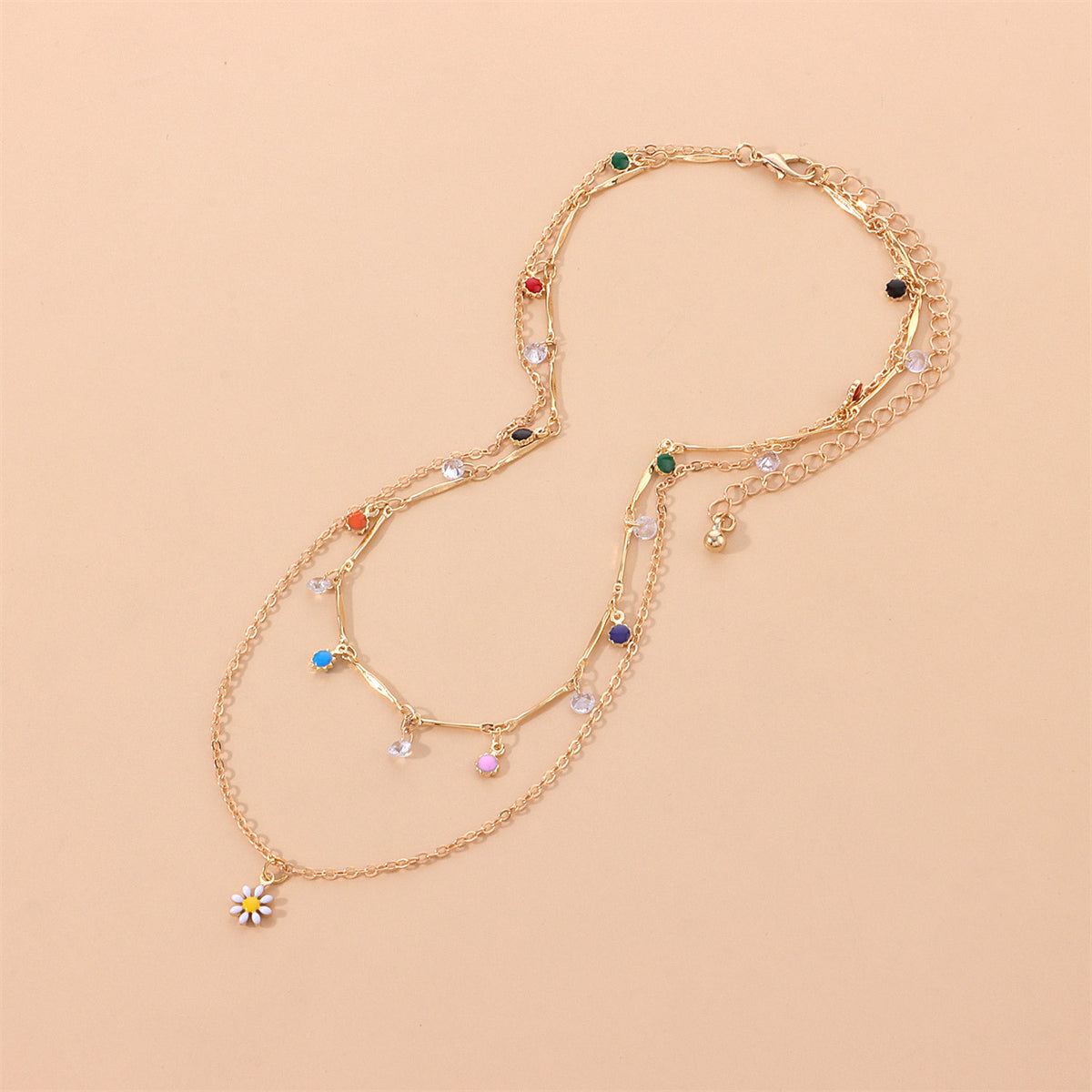 Cubic Zirconia and Enamel 18K Gold-Plated Mum Layered Pendant Necklace, gold pendant necklace for women, detail close-up