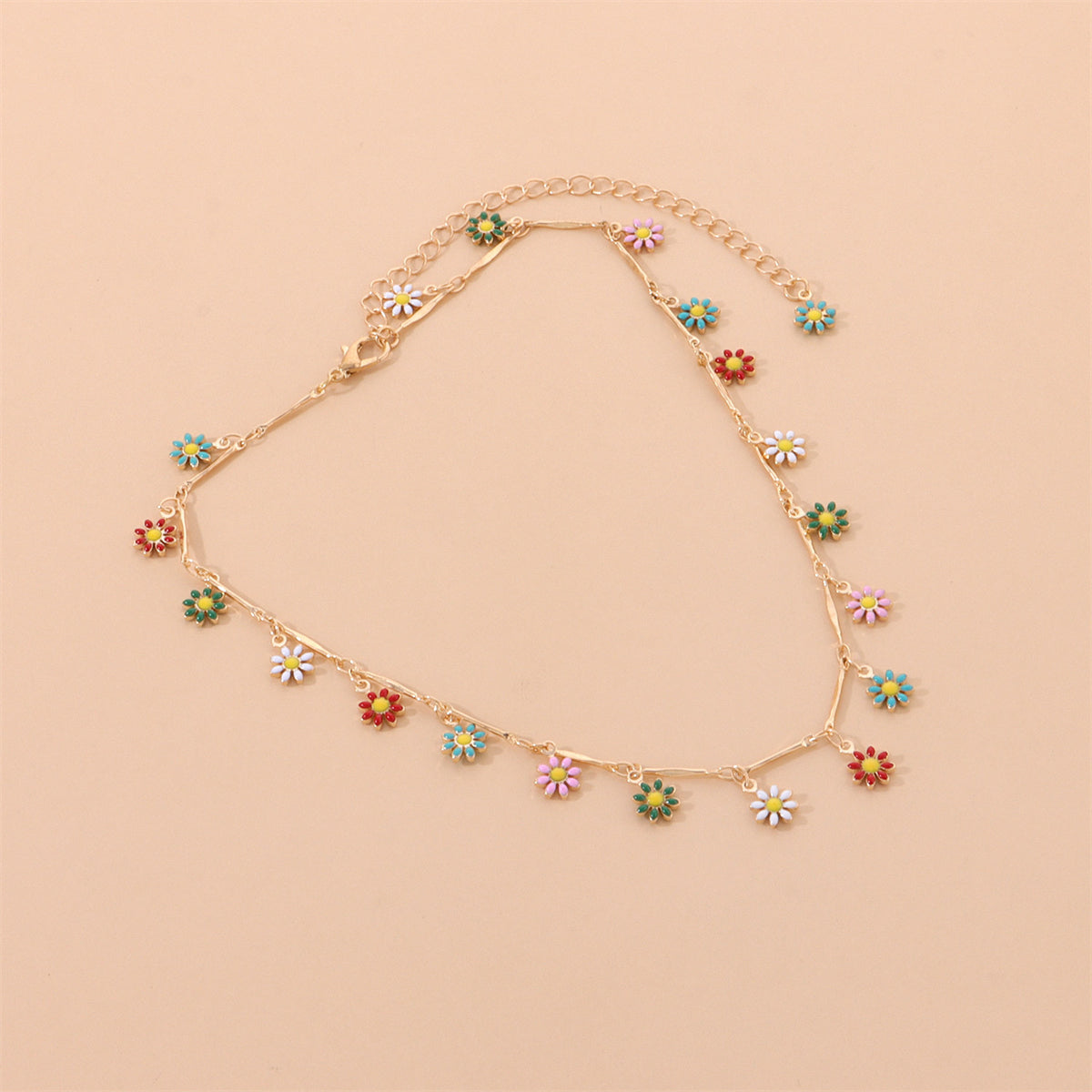 Multicolor Enamel and 18K Gold-Plated Flower Collar Necklace, gold pendant necklace for women, detail close-up