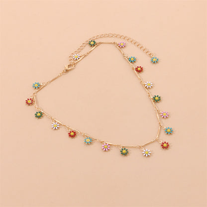 Multicolor Enamel and 18K Gold-Plated Flower Collar Necklace, gold pendant necklace for women, detail close-up