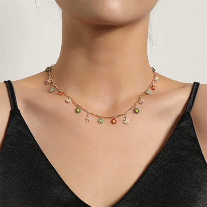 Multicolor Enamel and 18K Gold-Plated Flower Collar Necklace, gold pendant necklace for women, botanical inspired, front view