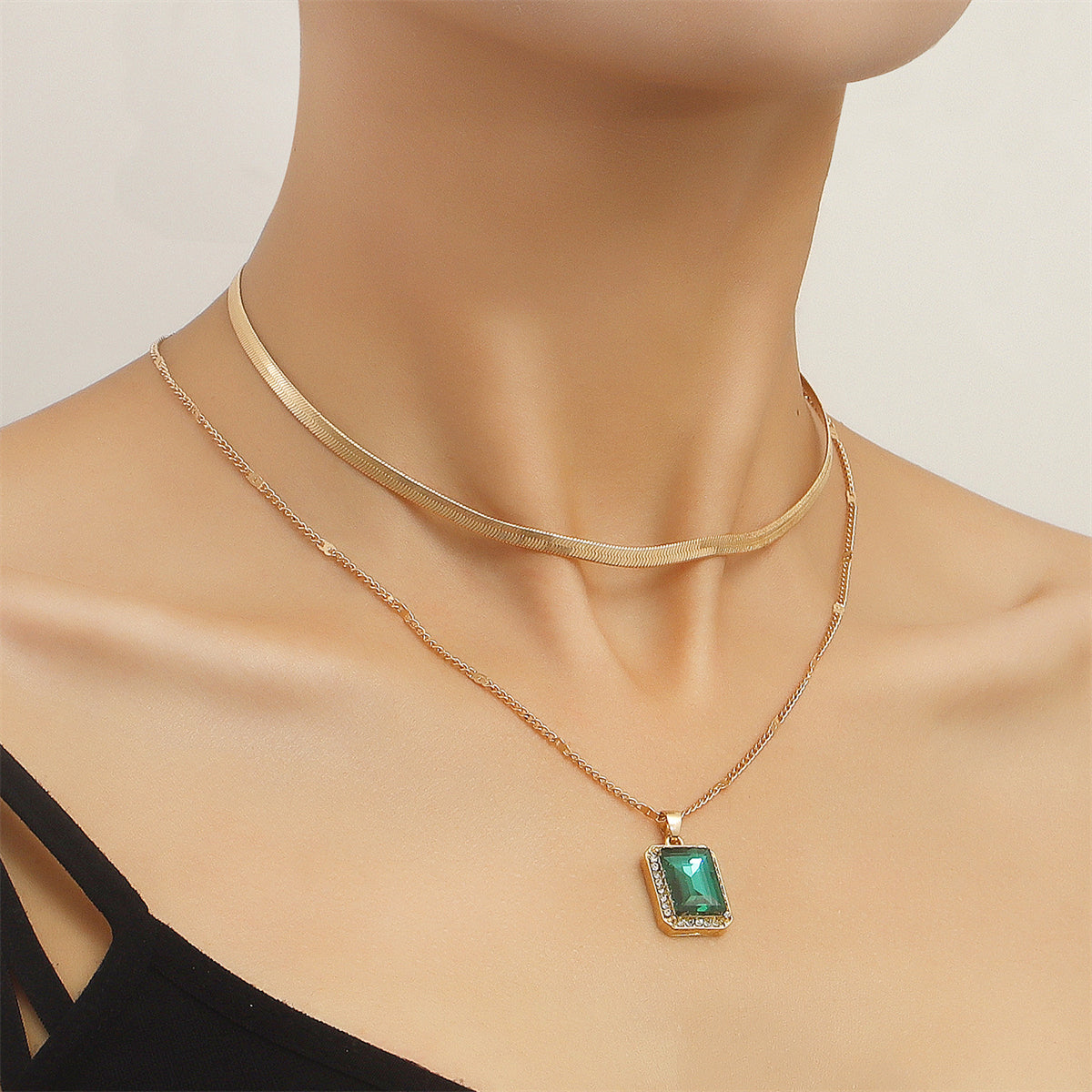 Green Crystal and 18K Gold-Plated Rectangle Layered Pendant Necklace, gold pendant necklace for women, front view