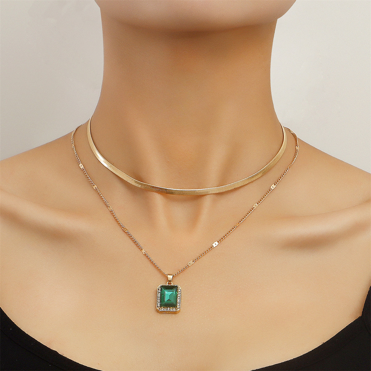 Green Crystal and 18K Gold-Plated Rectangle Layered Pendant Necklace, gold pendant necklace for women, side view