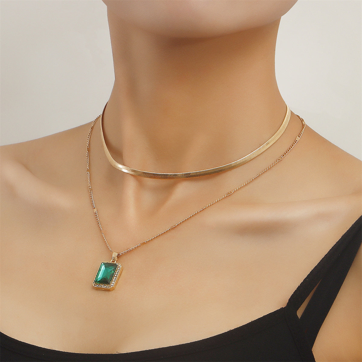 Green Crystal and 18K Gold-Plated Rectangle Layered Pendant Necklace, gold pendant necklace for women, detail close-up