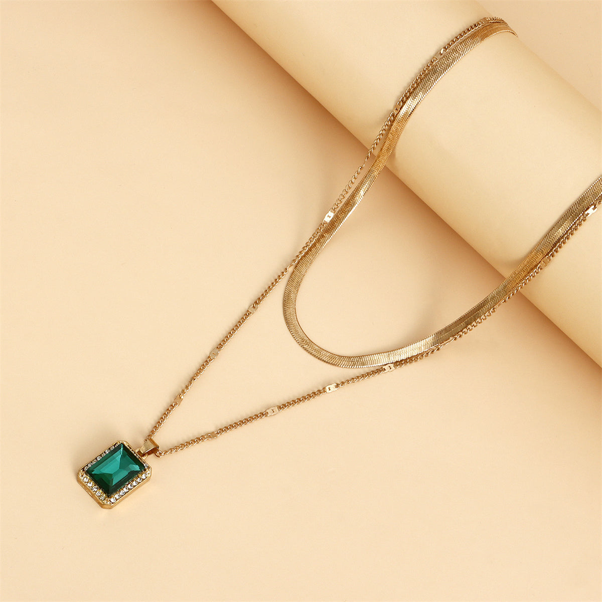 Green Crystal and 18K Gold-Plated Rectangle Layered Pendant Necklace, gold pendant necklace for women, styled look
