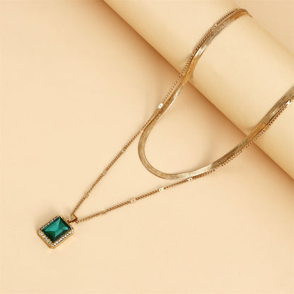 Green Crystal and 18K Gold-Plated Rectangle Layered Pendant Necklace, gold pendant necklace for women, styled look