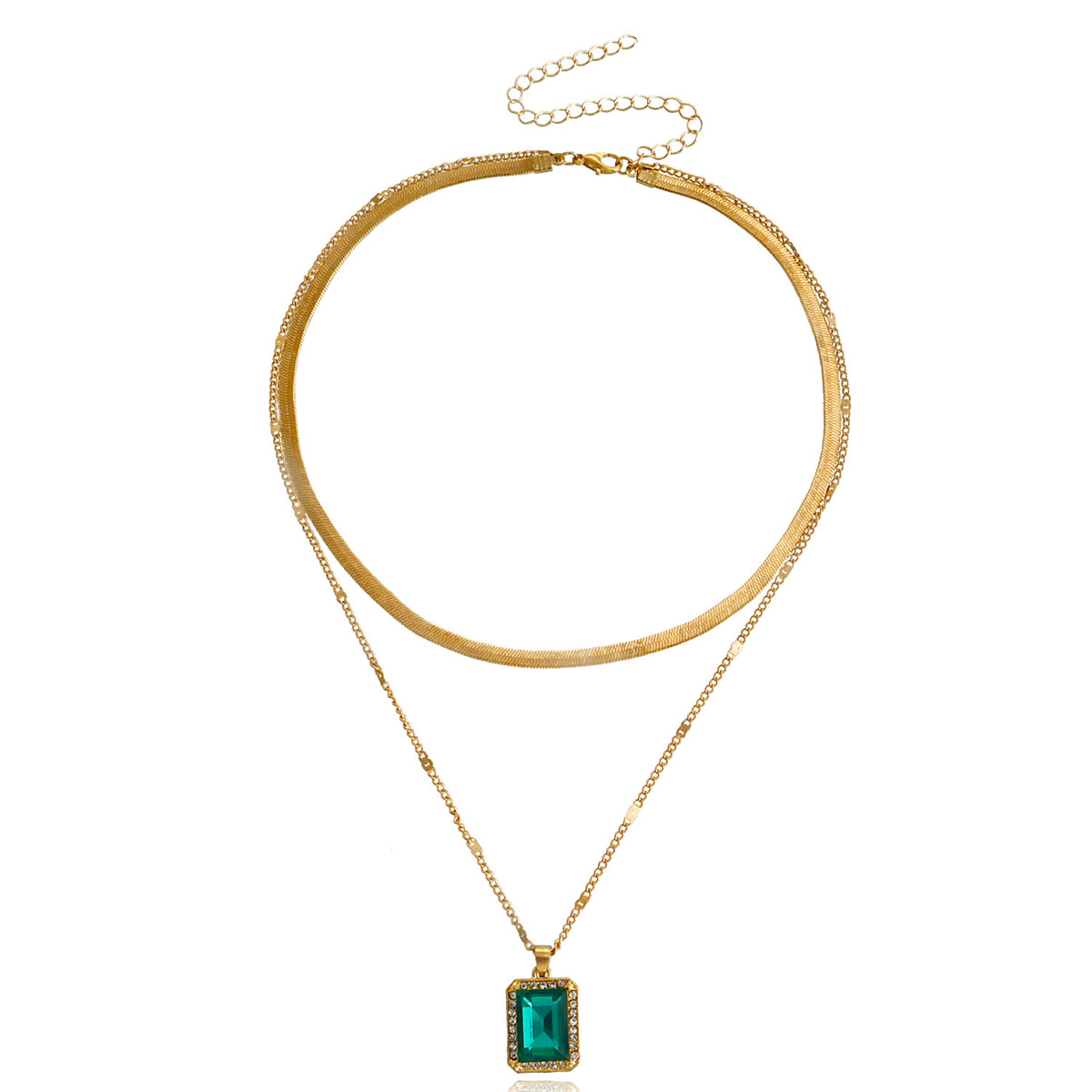 Green Crystal and 18K Gold-Plated Rectangle Layered Pendant Necklace, gold pendant necklace for women, lifestyle look