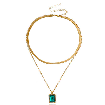 Green Crystal and 18K Gold-Plated Rectangle Layered Pendant Necklace, gold pendant necklace for women, lifestyle look