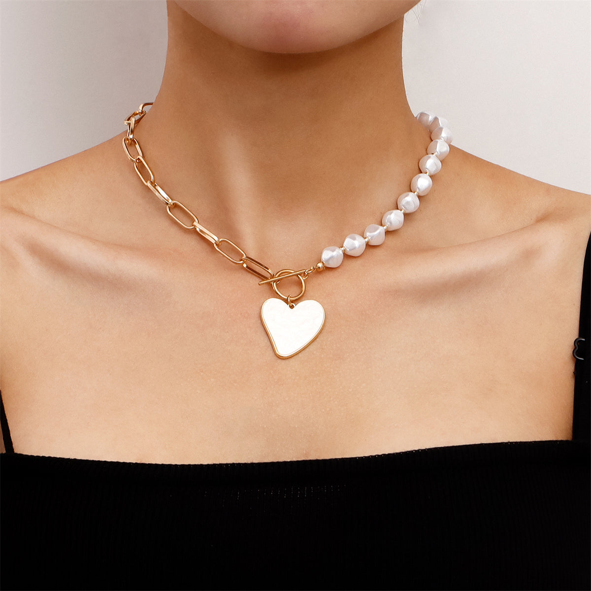 Pearl and White Shell 18K Gold-Plated Heart Pendant Toggle Necklace, gold pendant necklace for women, front view